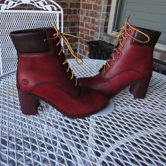 TIMBERLAND "Allington" Red Leather Block Heel Lace Up Boots Size 6.5 - Picture 3 of 8